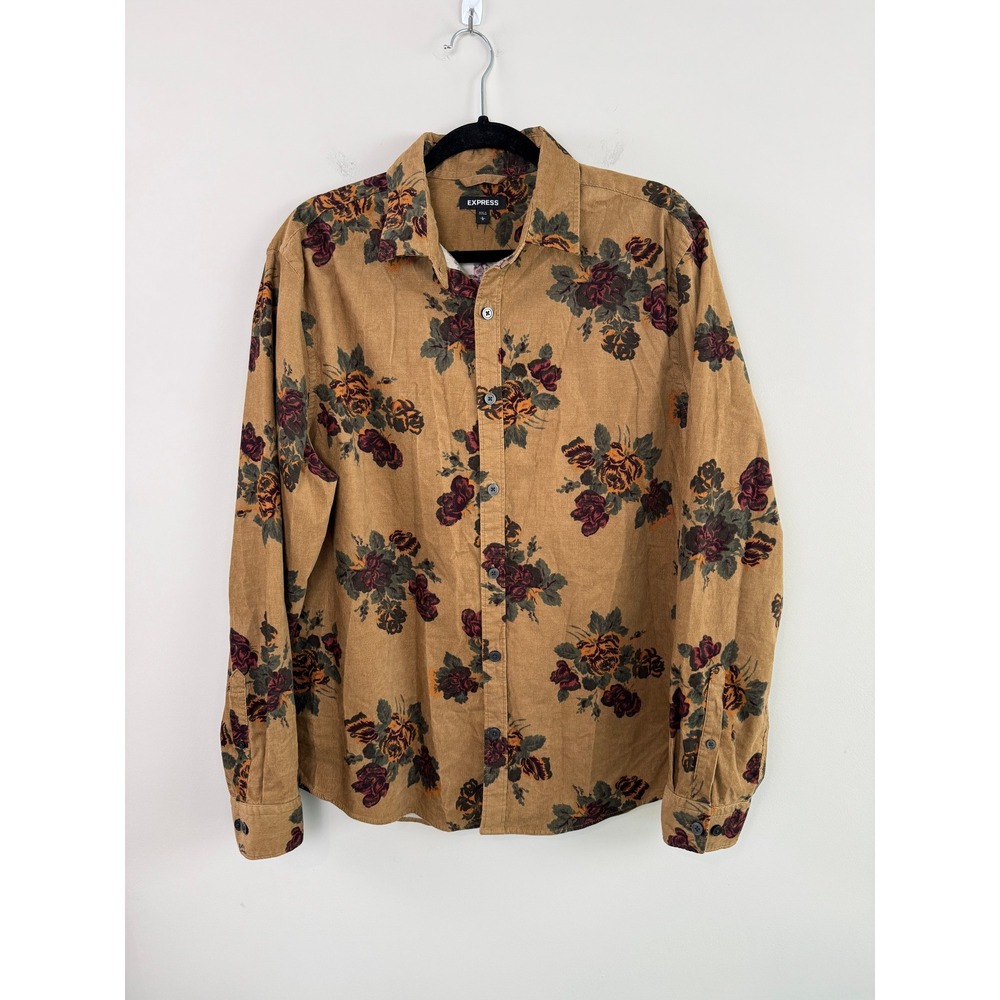 Express Slim Shirt Camel L Corduroy Floral Rose Long Sleeve Button Down Boho